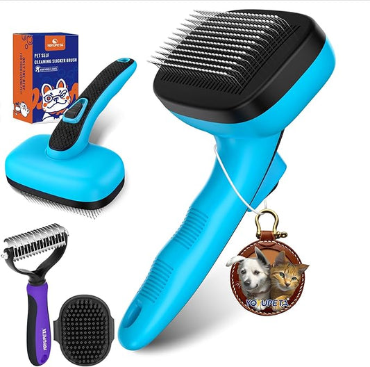 Dog Brush Kit - Self-Cleaning Slicker Brush with Bath Brush & Undercoat Rake | Deshedding Tools for Large - Small Dogs & Cats, Professional 3-in-1 Pet Grooming Set for Heavy Shedding, Blue