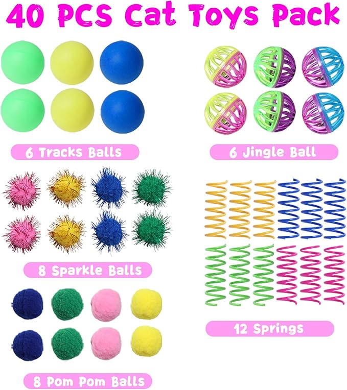 Cat Toys for Indoor Cats 40 PCS Kitten Toys Cat Interactive Toys Pack Including Cats Springs Sparkle Ball Pom Pom Ball Jingle Balls Tracks Balls