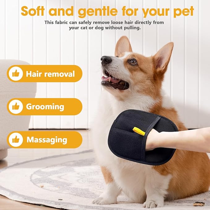 2 Pcs Black Double Sided Pet Hair Removal Gloves, Electrostatic Magic Brush Pet Hair Remover and Grooming Tool with Shell Comb for Dogs & Cats, Sofa, Bed, Car and Furniture