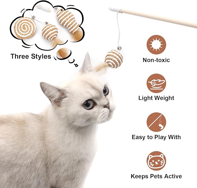 15.8inch 3Pack Interactive Cat Wand Toy for Indoor Cats Teases for Bored Indoor Adult Cats to Chase and Exercise Solid Wood Bell Ball