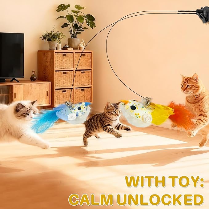Walfront Interactive Cat Toy, Cat Teaser Wand with Double-Head Suction Base and 2 Realistic Bird Attachments for Indoor Self-Play and Exercise for Kittens and Adult Cats, Keeping Cats Playful & Happy