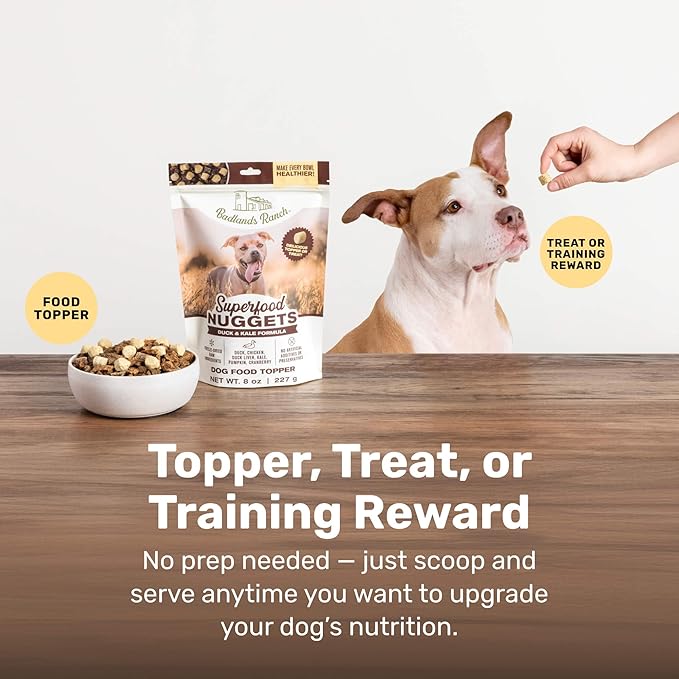 BADLANDS RANCH Superfood Nuggets – Freeze-Dried Raw Dog Treat & Food Topper, Nutrient-Dense Duck & Kale Formula, High Protein, No Artificial Additives, 8oz Bags (4-Pack Bundle)