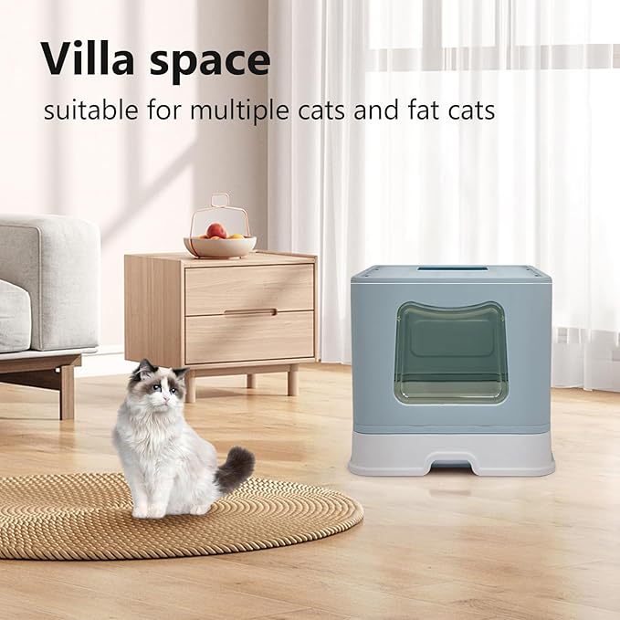 XL Foldable Cat Litter Box with Lid - Jumbo Enclosed Potty - Top Entry Anti-Splashing Toilet - Includes Scoop & 2-in-1 Cleaning Brush (Blue