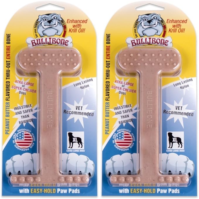 Bullibone Nylon Dog Chew Toy for Aggressive Chewers - Dental Hygiene Bone with Peanut Butter Flavor, Durable Tough Chew Toys for Extra Large Dogs, Indestructible Dog Bone - 2 Pack