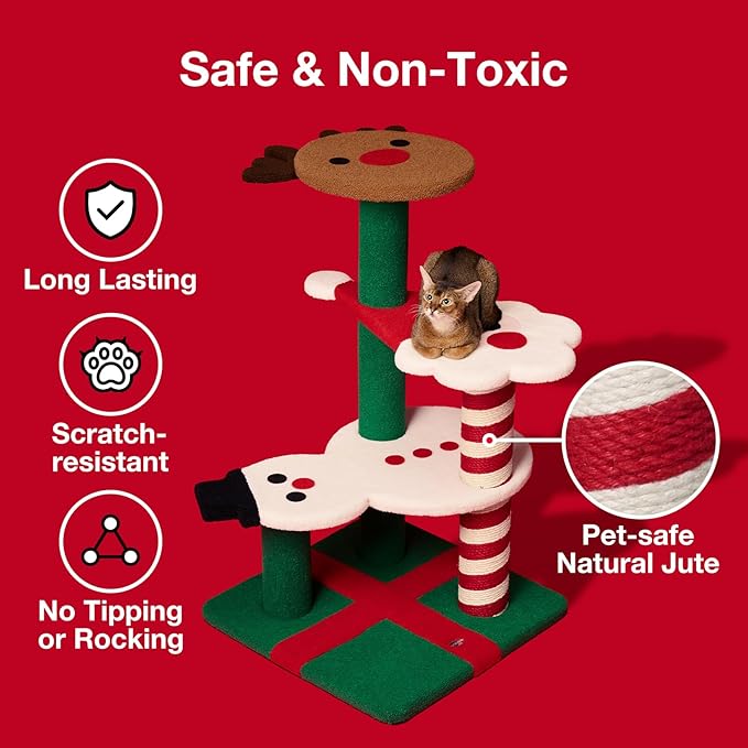 VETRESKA Christmas Cat Tree for Indoor Cats, 38.6" Multi Level Soft-Touch Cat Tower with Scratching Post, Large Scratching Post, Santa Claus, Reindeer and Snowman