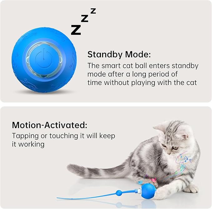 Interactive Cat & Dog Toys for Indoor Pets, Automatic Electric Self Rotating Ball with Chirping Sound, Motion Activated Long Tail - Smart Spinning Ball for Fun Exercise, Cats and Dogs Play, Blue