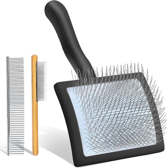 Large Dog Slicker Brush for Shedding & Curly Coat, Long Hair Dogs & Cats, Doodles, Poodles & Goldendoodles, Long Pin Grooming Brush with Wooden Handle, 3 Pcs Comb Set for Mats Tangles. Black