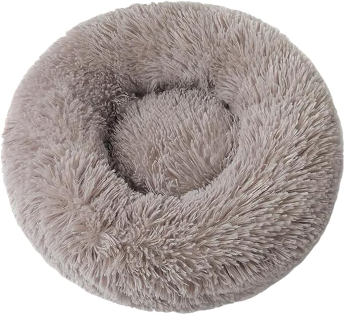 SALAN Round Donut Pet Bed, Calming Plush Cushion for Small Dogs and Cats, 20 Inch Washable Fluffy Indoor Bed with Anxiety Relief Support. (Brown)