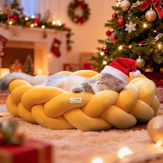 CHEERPALS Weave Cat Bed for Indoor Cats,Cute Pet Bed with Washable Cushion Fluffy Kitty Bed for Small Dog(Eggshell Yellow)