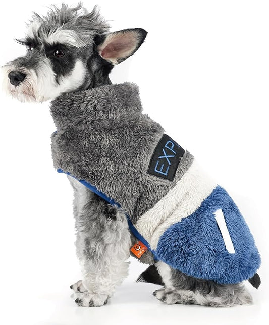 FOFOS Dog Winter Coat, Plush Dog Jacket with Leash Hole, Adjustable Warm Pet Snow Vest for Small Medium Dogs, Gray, M