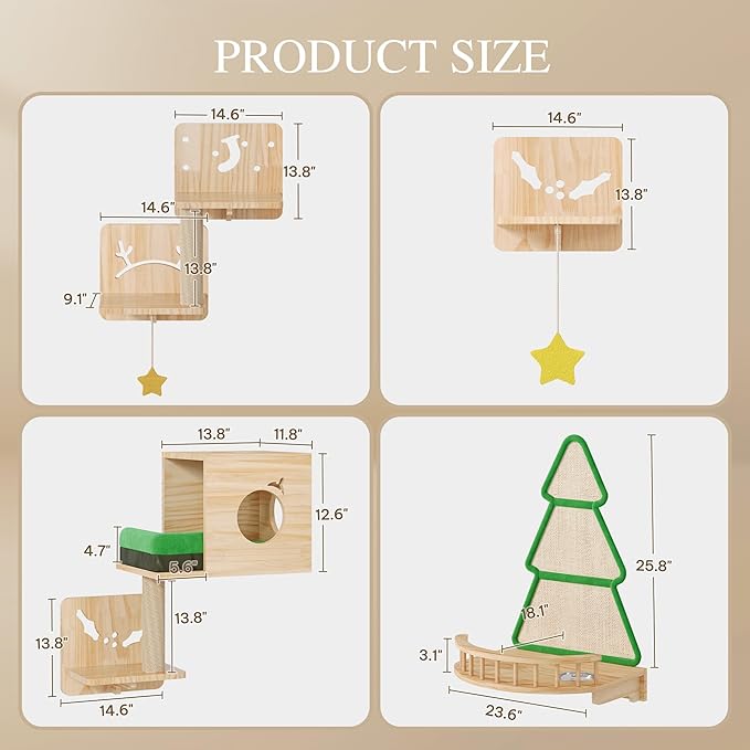 Cat Wall Shelves, 15-in-1 Solid Wood Wall-Mounted Cats Furniture Set with Scratching Post, Cat Climbing Wall Systems with Condos, House, Steps, Cushion, Small Bowl, Cats Shelf Furniture