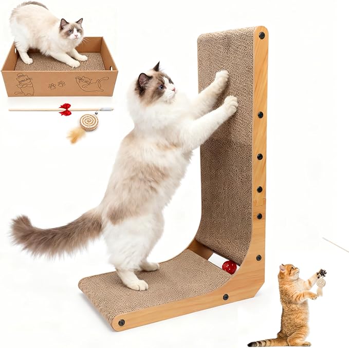 L-Shaped Cat Scratcher 2-in1 Scratching Board for Indoor Cats Protecting Furniture Cardboard Box Scratch Pad with Ball Toy Cats Scratching Posts with Cat Teaser