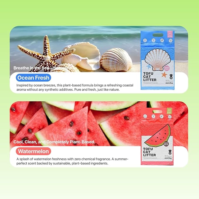 Michu Tofu Cat Litter Natural Clumping Tofu Cat Litter, Fast Clumping and Easily Scoop-able 5.5lb/88oz 5 Scents - Original + Greentea, 2 Pack