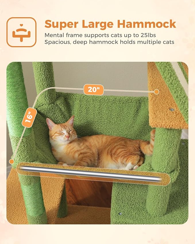 Cactus Tall Cat Tree 71" for Large Cat 20 lbs with Super Large Hammock, Heavy Duty Cat Tower with 4 Sisal Scratching Posts & 2 Spacious Condos for Big Adult Cats Maine Coon-Green