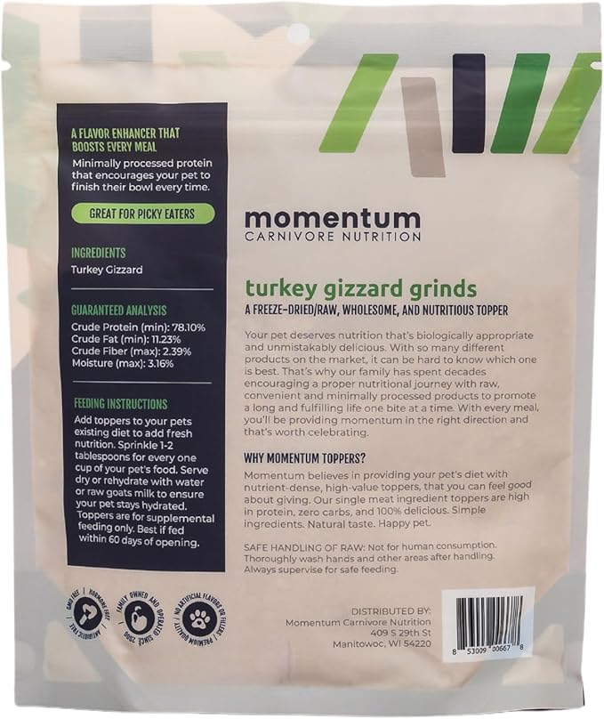 Momentum Carnivore Nutrition Freeze-Dried Turkey Gizzard Pet Food Topper – Single-Ingredient, All-Natural Topper – High-Protein for Dogs and Cats, Grain-Free and Made in The USA– (3.75 oz Bag)