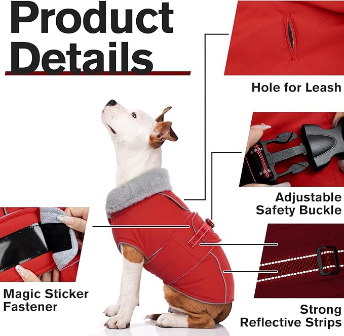 Lelepet Warm Dog Coat Waterproof Dog Jacket Reflective Fleece Vest with Adjustable Buckle Hook & Loop, Windproof Winter Jacket Dogs Coats for Small Medium Large Dogs, Red, S