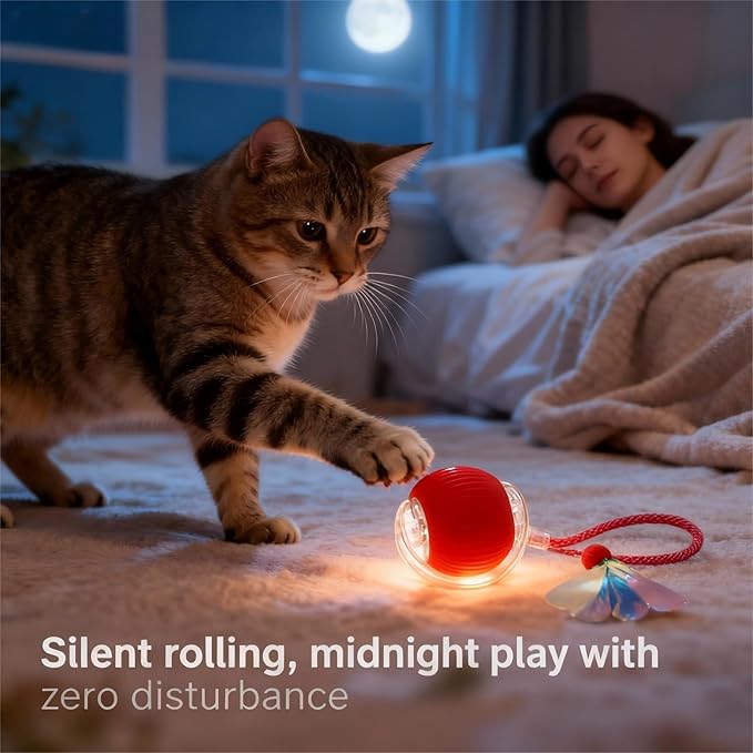 JBD Interactive Cat Toy Ball for Indoor Cats - Silent Automatic Rolling & Self Moving Electric Kitten Toys, USB Rechargeable Smart Ball with Tail, Motion Activated Hunting Exercise for Bored Cats