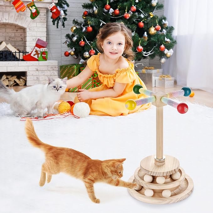 2-in-1 Wooden cat Toy, Interactive Multi-Layer Ball Track and Rotating cat Teaser Stick - Durable Natural Wood Made Puzzle Sports Toy for Kittens