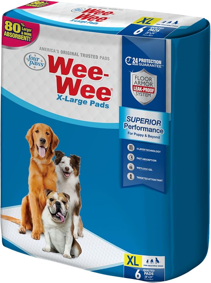 Four Paws Wee-Wee Superior Performance Pee Pads for Dogs with Runoff Barrier Edge Guard Protection, Puppy & Dog Potty Training Pads, Housebreaking Supplies, 28" x 34" (6 Count)