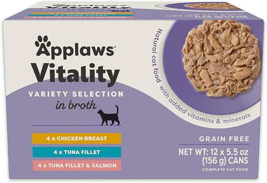 Applaws Vitality Wet Cat Food in Broth, Natural Cat Food with Added Vitamins & Minerals, Grain-Free, Carrageenan Free, Variety Selection in Broth (12 Count, 5.5 oz Cans)