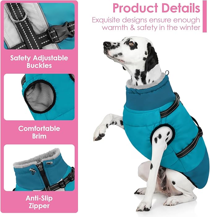 AOFITEE Dog Coat, Windproof Turtleneck Dog Jacket with Built in Harness, Reflective Dogs Jackets with Fleece Lining, Waterproof Pet Winter Coat for Cold Weather for Border Collie, Beagle, Turquoise XL