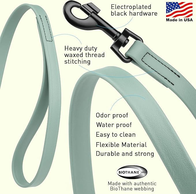 Dogline Biothane Waterproof Dog Leash Strong Coated Nylon Webbing with Black Hardware Odor-Proof Easy to Clean High Performance for Small or Large Dogs Made in USA 4 or 6 ft Lead, Sage Green