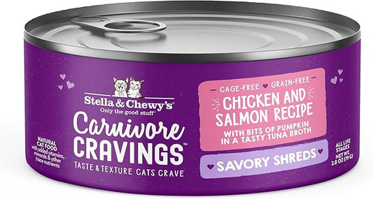 Stella & Chewy's Carnivore Cravings Savory Shreds Cans – Grain Free, Protein Rich Wet Cat Food – Cage-Free Chicken & Wild-Caught Salmon Recipe – (2.8 Ounce Cans, Case of 24)