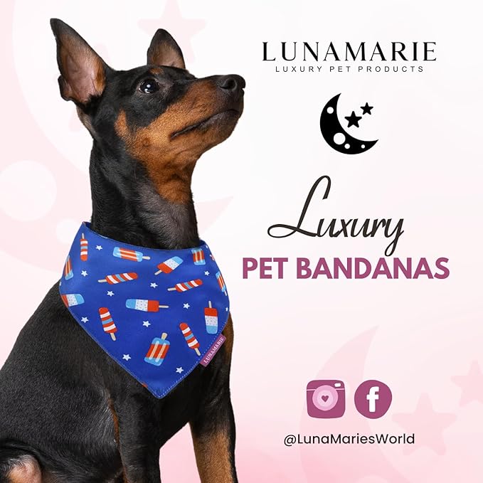 LunaMarie - Luxury Pet Birthday Bandanas -Premium & Silky Poly Fabric | 100% Handmade | Custom Shape Dual Layered (4th of July, Medium)
