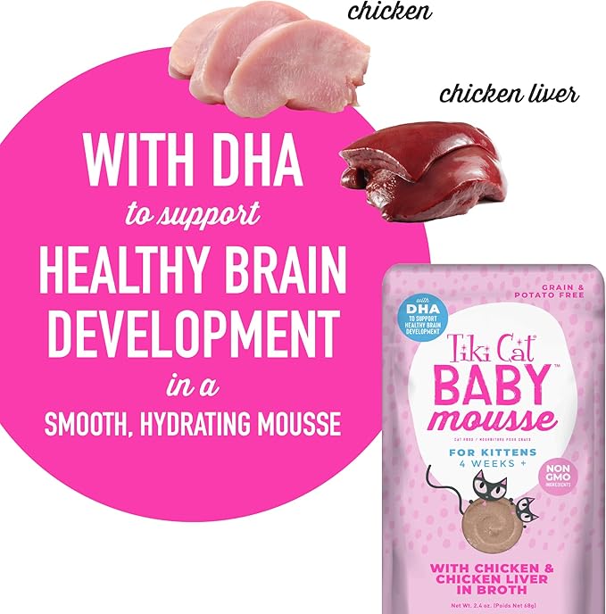 Tiki Cat Baby, Chicken and Chicken Liver, Grain-Free and Nutrient Rich, Wet Cat Food for Kittens 4 Weeks+, 2.4 oz. Pouch (Pack of 12)