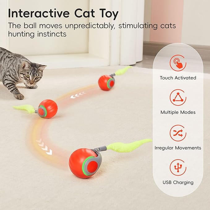 Potaroma Moving Ball Cat Toys with Feather Tail, Rechargeable 2025 New Interactive Toy for Indoor Cats Exercise, Smart Interactive Kitten Rolling Ball, Orange