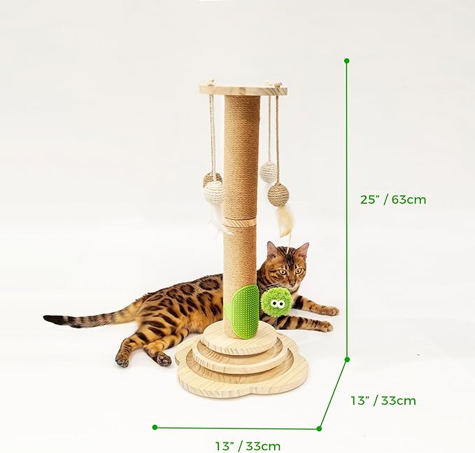 TINYBEAST Wooden Cat Scratching Post, 4 in 1 Cat Scratcher Toy with Cat Ball Tracks, 25" Tall Sisal Scratch Post for Indoor Kittens Adult Cats, Interactive Feather Toy and 4 Sisal Hanging Balls