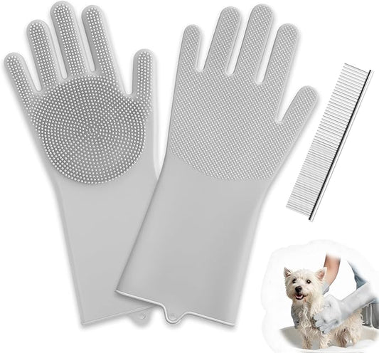 DELOMO Dog Washing Gloves with Comb: Soft and Gentle Silicone Pet Grooming Gloves - Bathing Scrubber Brush Mitt Grooming Shedding Fur Removal Massage for Dogs/Cats/Horse, Grey