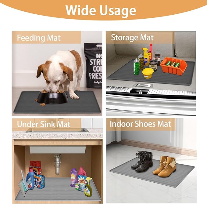 18" x 12" Dog Food Mat, Silicone Pet Mats for Food and Water, Nonslip Pet Feeding Mats for Floors, Dog Cat Bowl Mat with Raised Edges, Light Gray