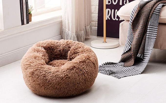 BODISEINT Modern Soft Plush Round Pet Bed for Cats or Small Dogs, Mini Medium Sized Dog Cat Bed Self Warming Autumn Winter Indoor Snooze Sleeping Cozy Kitty Teddy Kennel (20'' D x 8'' H, Coffee)