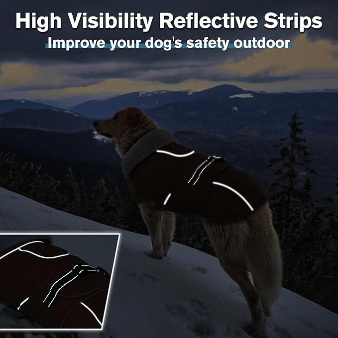 Lelepet Warm Dog Coats for Large Dogs Waterproof Dog Jacket Reflective Pet Fleece Vest Windproof Cold Weather Coats with Adjustable Buckle & Leash Hole, Brown, XL