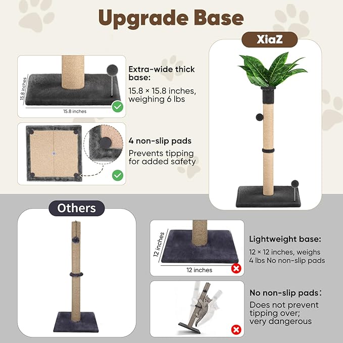 XiaZ Cat Scratching Post 34'' Tall, Heavy Duty Cat Tree Tower for Indoor Kitty with Extra Wide 15.8" Stable Base and 2 Toy Balls, Natural Sisal & Plush Fabric for Small, Medium Cats(Dark Gray, 2.8in)