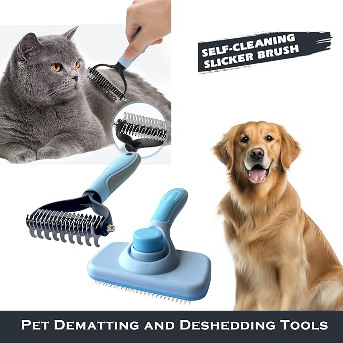 2PCS pet hair removal comb & Dog Brushes & cat brushes & Pet Grooming Rake & Bath Brush for Dogs,Cats and Horses | Skin Friendly Deshedding Grooming Tool & Double-Sided Dematting Tool (blue)