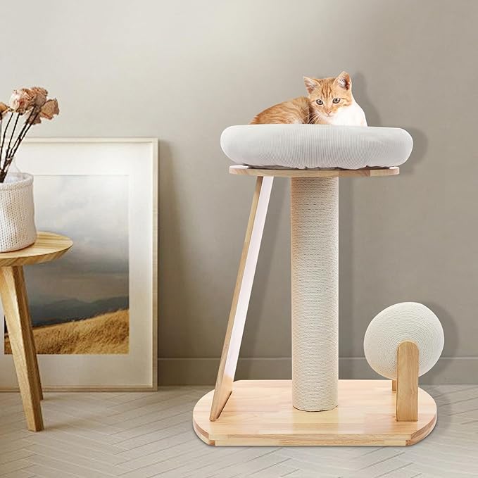 Wood Cat Tree Tower with Scratching Posts, Modern Natural Wood Cute Multifunctional Cat Tree Tower, Cat Scratcher & Resting Platform, Multifunctional Cat Tree for Indoor Cats (01 Style)