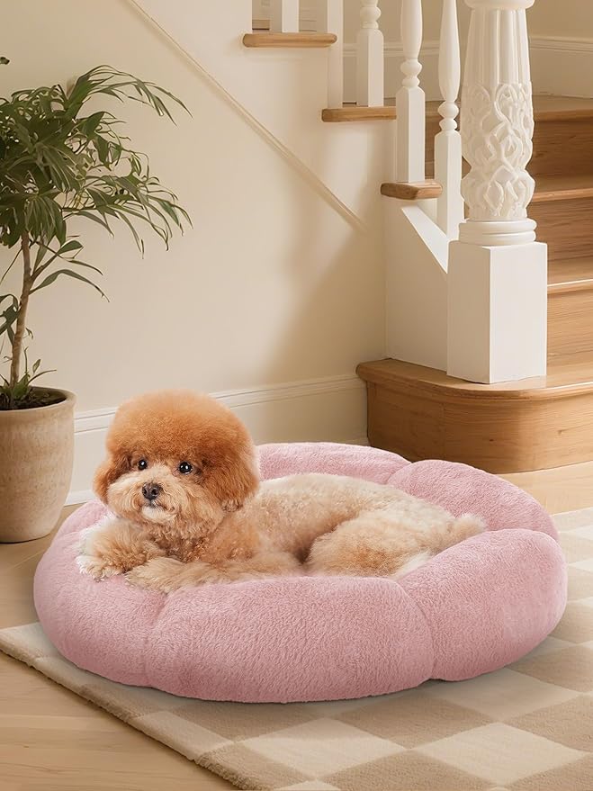 OhGeni 24 inches Calming Donut Dog & Cat Bed for Small Pets, Warming Comfort Fluffy Short Pile Fur, Durable Machine Washable Round Bed, Cute Round Bed for Puppy and Kitten, Pink