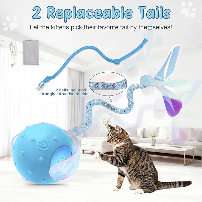 Interactive Smart Motorized Cat Toy Ball -Chirping, 2 Tails & 2 Speeds, USB Rechargeable Motion Activated Self Play Toy for Bored Indoor Cats & Kittens, Hunting Chase Teaser for Exercise & Enrichment