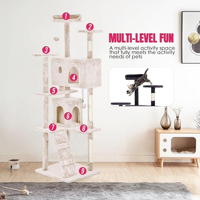 PayLessHere Cat Tree 70in Cat Tower with Cat Scratching Post,Multi-Level Cat Condo Stand House Furniture Kitty Activity Center with Furry Ball Toys Cat Tree for Indoor Cats.Beige