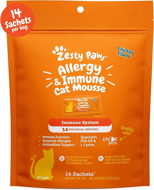 Zesty Paws Allergy & Immune Mousse - Cat Vitamins & Supplements Treats - Allergy Relief for Cats L-Lysine Squeeze up for Immunity, Skin Health & Antioxidant Support - Chicken 14ct