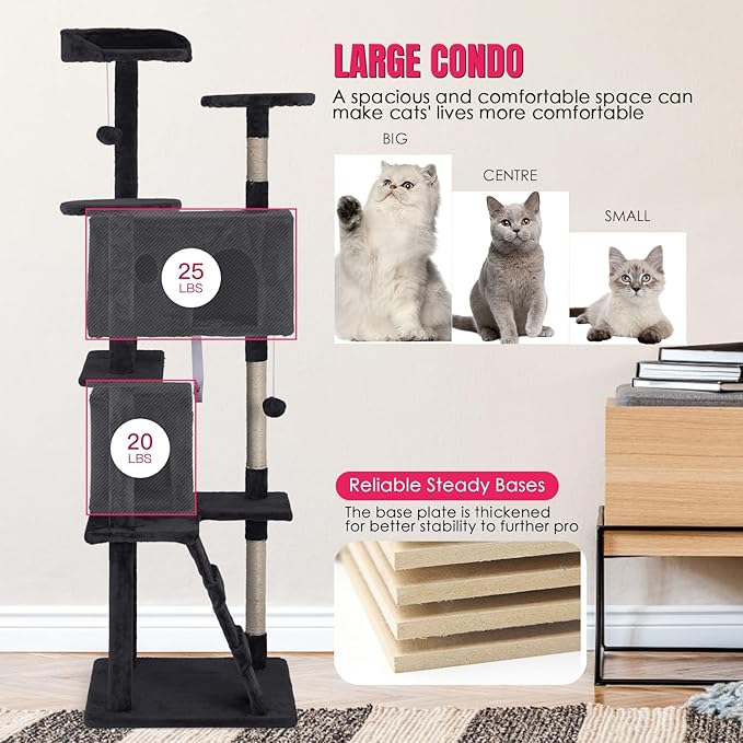 PayLessHere Cat Tree 70in Cat Tower with Cat Scratching Post,Multi-Level Cat Condo Stand House Furniture Kitty Activity Center with Furry Ball Toys Cat Tree for Indoor Cats,Dark Gray