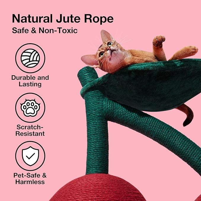 VETRESKA Cat Scratching Post, Large Cherry Cat Scratcher with Hammock, Tall Cat Scratch Interactive Toy with Natural Jute Rope for Indoor Cats, Kittens