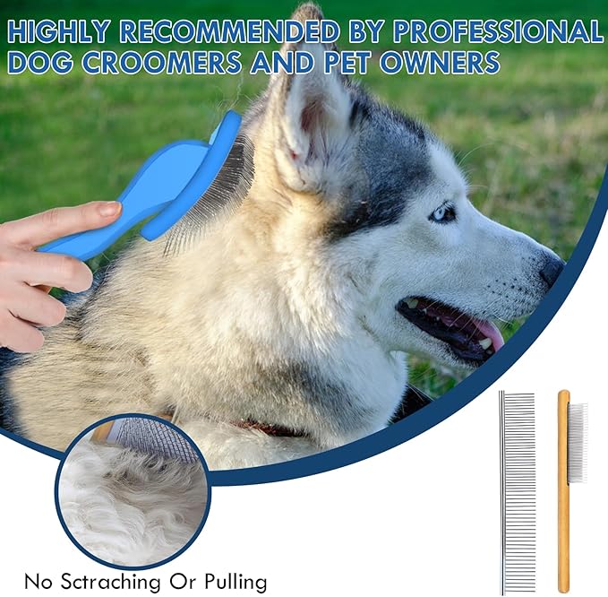 Large Dog Slicker Brush for Shedding & Curly Coat, Long Hair Dogs & Cats, Doodles, Poodles & Goldendoodles, Long Pin Grooming Brush with Wooden Handle, 3 Pcs Comb Set for Mats Tangles. Blue