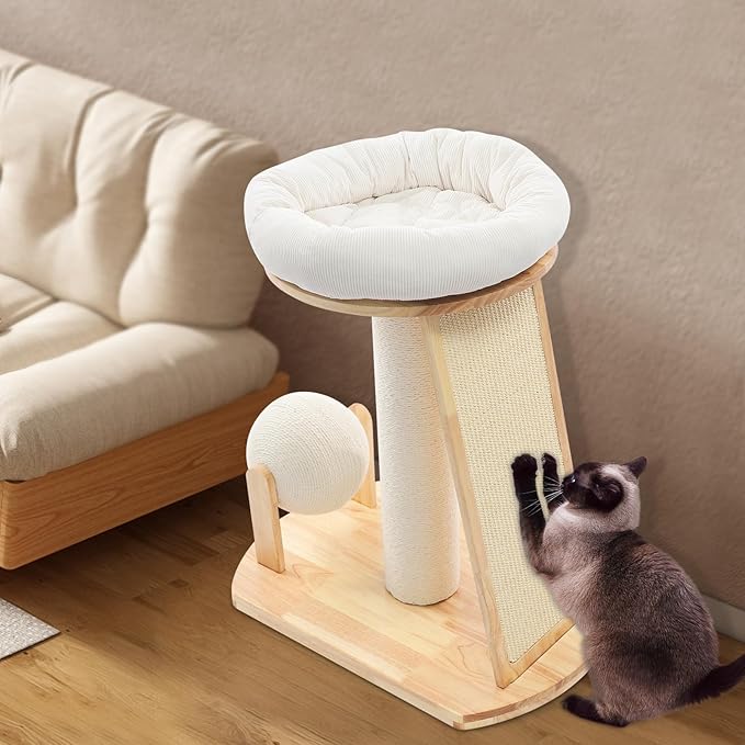 Wood Cat Tree Tower with Scratching Posts, Modern Natural Wood Cute Multifunctional Cat Tree Tower, Cat Scratcher & Resting Platform, Multifunctional Cat Tree for Indoor Cats (01 Style)