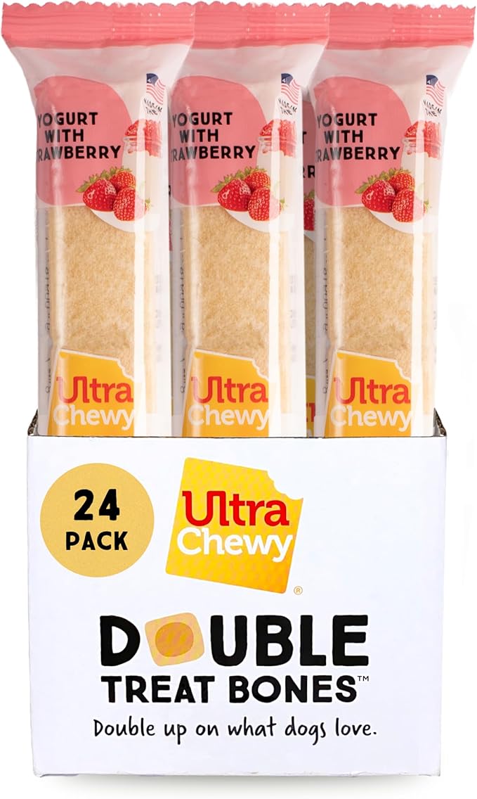 Ultra Chewy Yogurt with Strawberry Double Treat Bones: Long-Lasting Dog Treats Made in USA for Large and Small Breeds, Highly Digestible (24 Count)