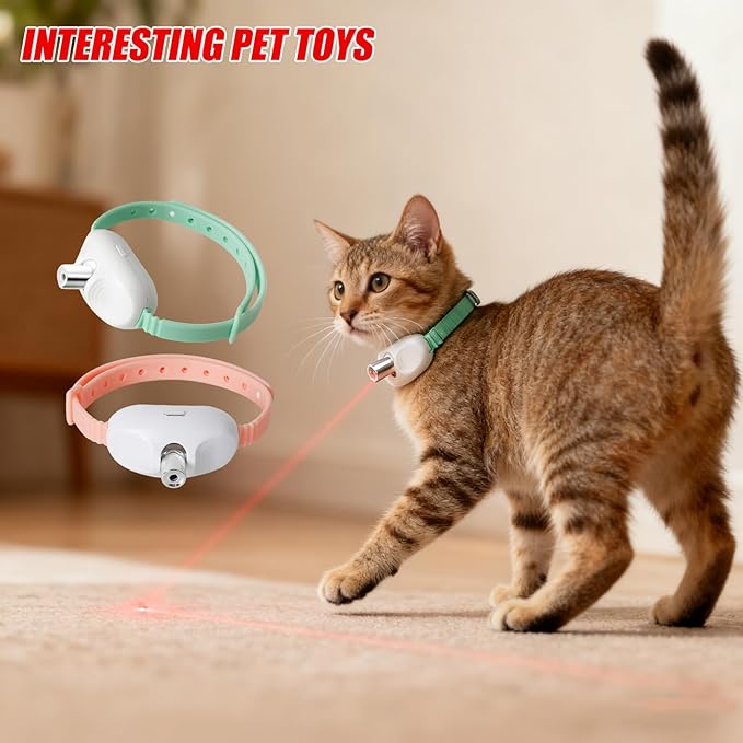 Automatic Cat Laser Toy with Light - Wearable Laser Collar for Kittens, USB Rechargeable Cat Laser Pointer Toy, Interactive Pet Exercise Toy with Hands-Free Operation (Green)