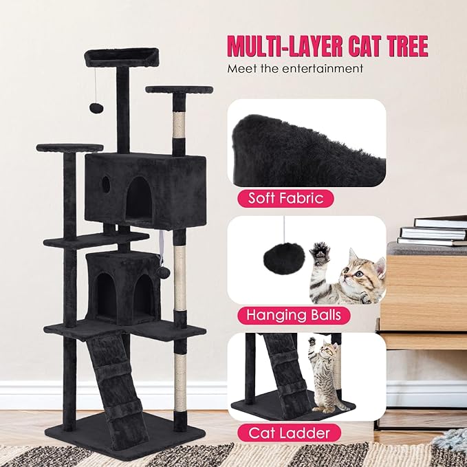 PayLessHere Cat Tree 70in Cat Tower with Cat Scratching Post,Multi-Level Cat Condo Stand House Furniture Kitty Activity Center with Furry Ball Toys Cat Tree for Indoor Cats,Dark Gray