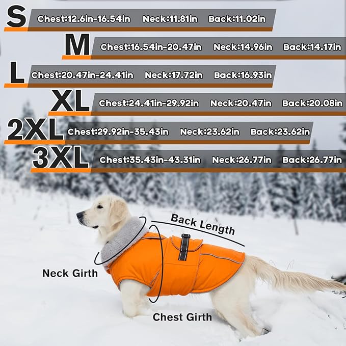 Lelepet Dog Coat Waterproof Dog Jacket Reflective Fleece Vest with Adjustable Buckle & Leash Hole Windproof Cold Weather Coats for Small Medium Large Dogs, Warm Hunting Vest, Orange, L